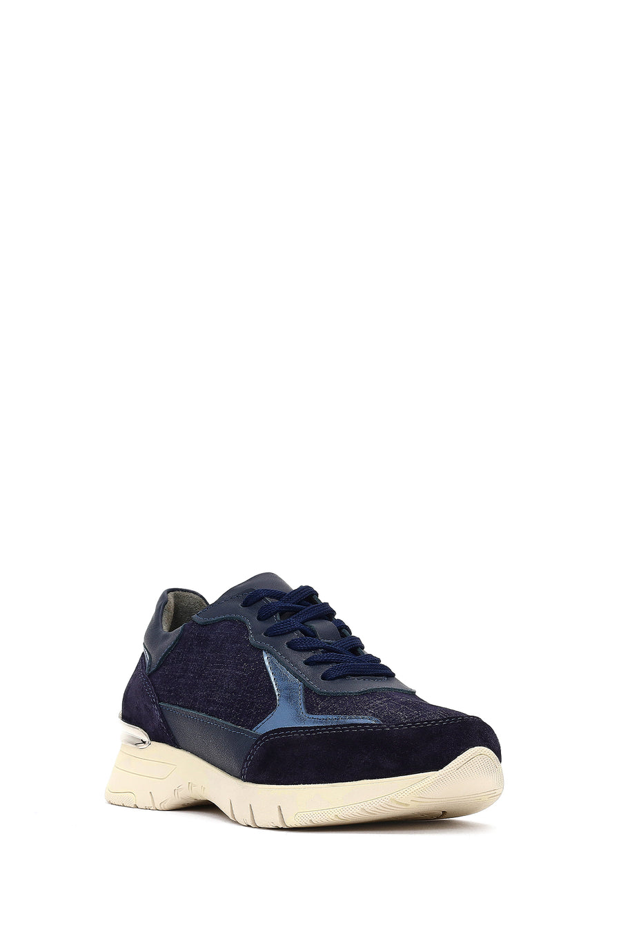 Women's Navy Blue Lace-Up Thick-Soled Leather Sneaker