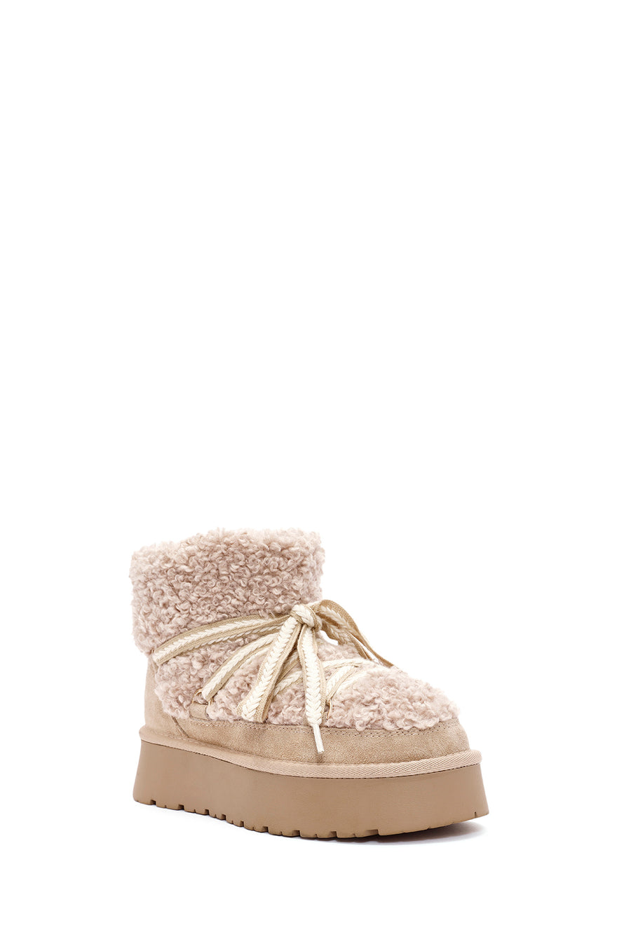 Women's Beige Thick-Soled Fur-Lined Leather Boots