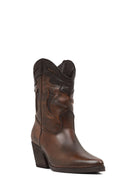 Women's Brown Short Chunky Heel Leather Cowboy Boots | Derimod