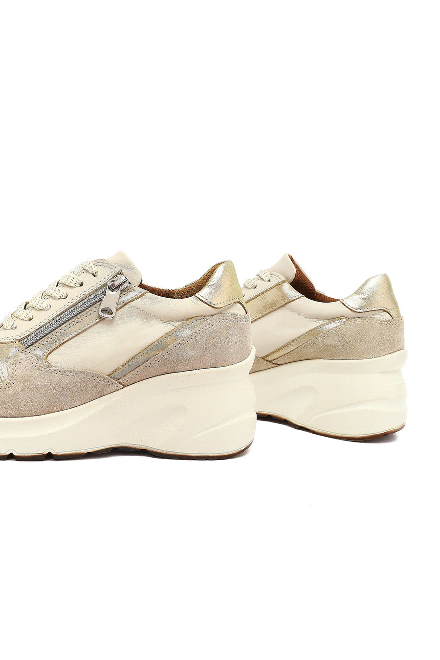 Woman Beige Lace-Up Zipper Detailed Wedge Heels Leather Sneakers