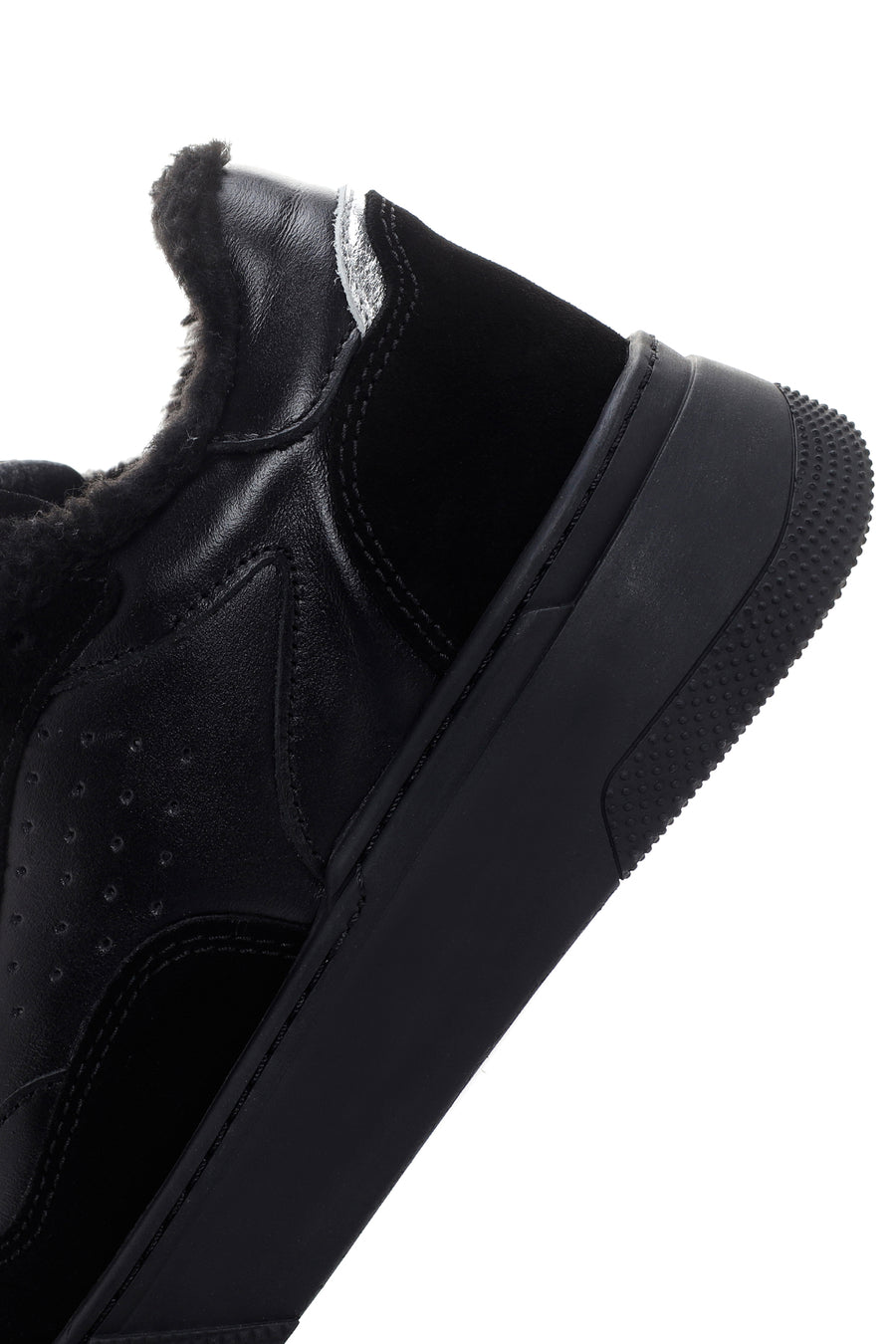Women's Black Thick Sole Furry Leather Sneaker