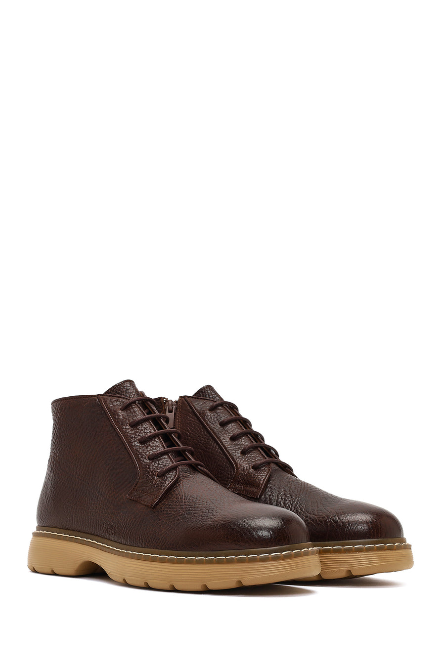 Men's Brown Lace-Up Zipper Leather Casual Boot