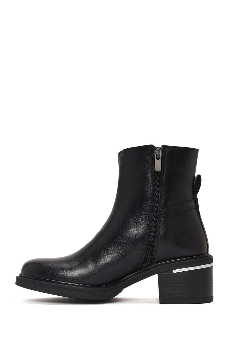 Woman Black Zip Closure Chunky-heeled Leather Boots