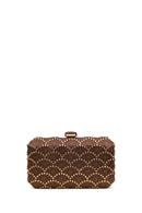 Woman Bronze Long Chain Strap Rhinestone Mini Clutch Evening Bag | Derimod