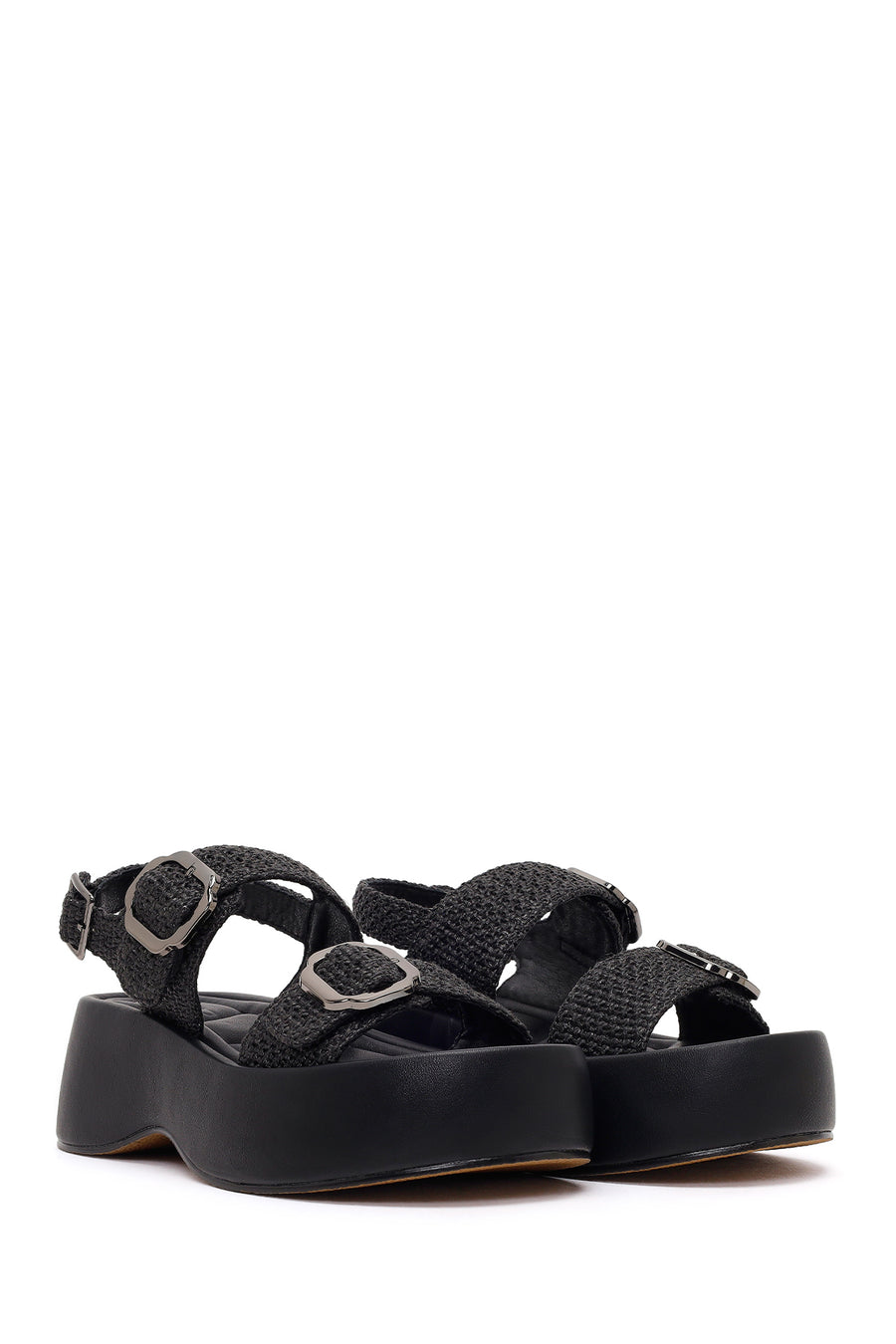 Women's Black Double Buckle Thick-Soled Braided Sandals