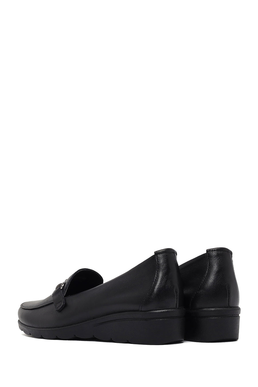 Woman Black Buckled Wedge Heel Leather Loafer