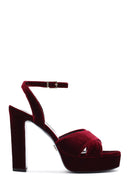 Women's Burgundy Ankle Buckle Platform High Thick Heel Velvet Sandals | Derimod
