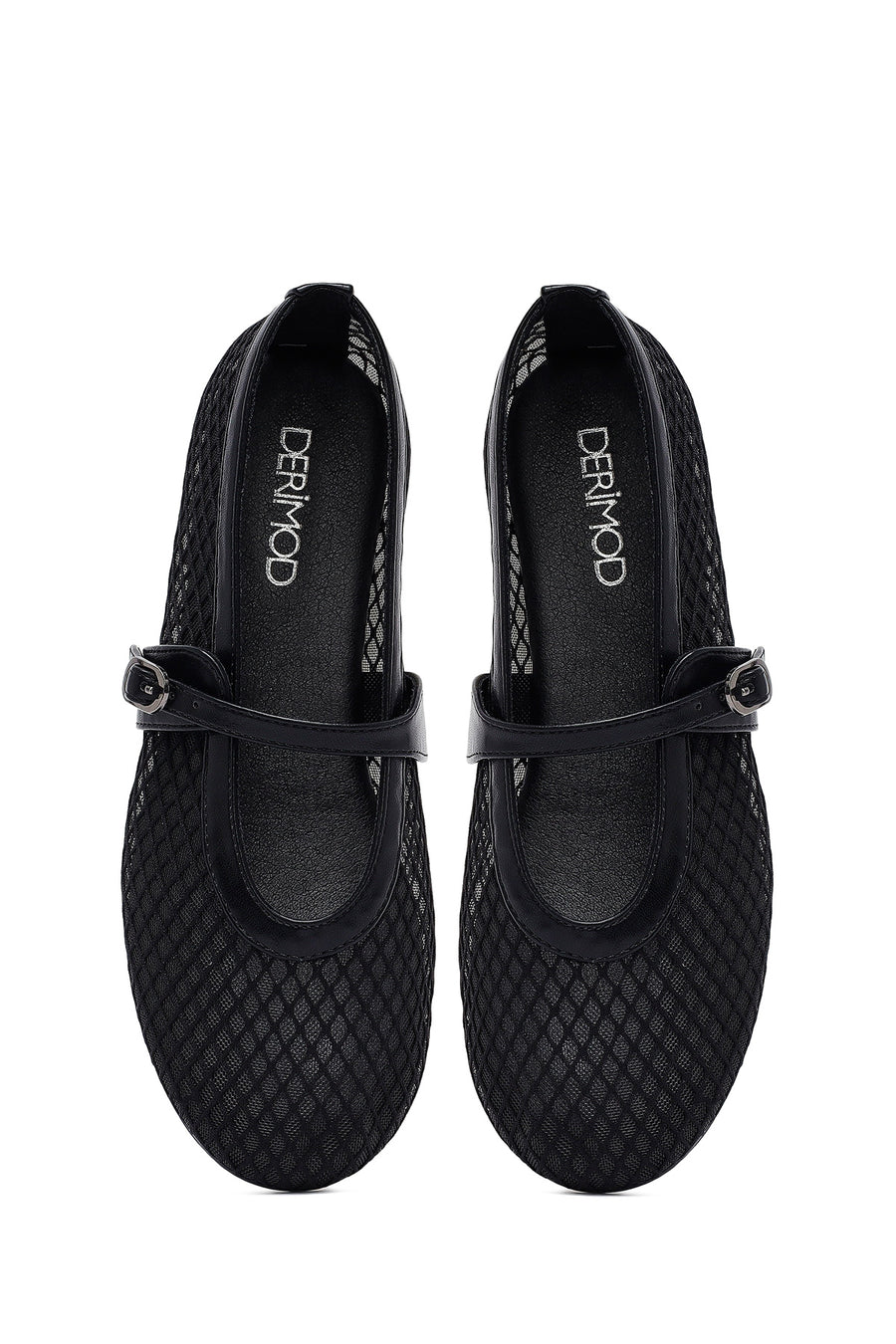 Woman Black Netted Buckled Ballerinas