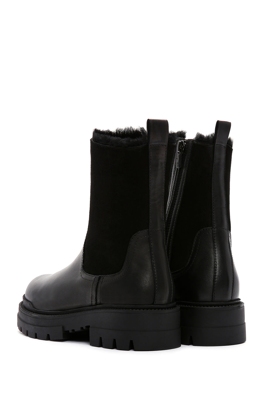 Women's Black Leather Chelsea Boots with Fur Inside
