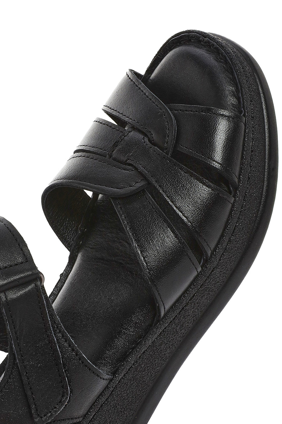 Women's Black Strappy Thick Soled Leather Comfort Sandals