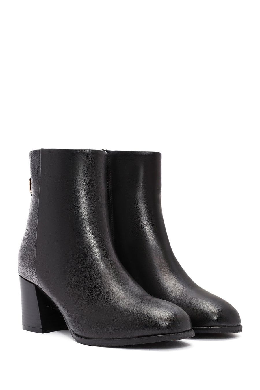 Women's Black Zippered Thick Heeled Leather Boots