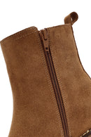 Woman Brown Zippered Chunky Heel Suede Leather Boat | Derimod