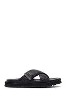 Men's Black Patterned Leather Slippers | Derimod