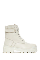 Women's Beige Lace-Up Zippered Leather Combat Boots | Derimod