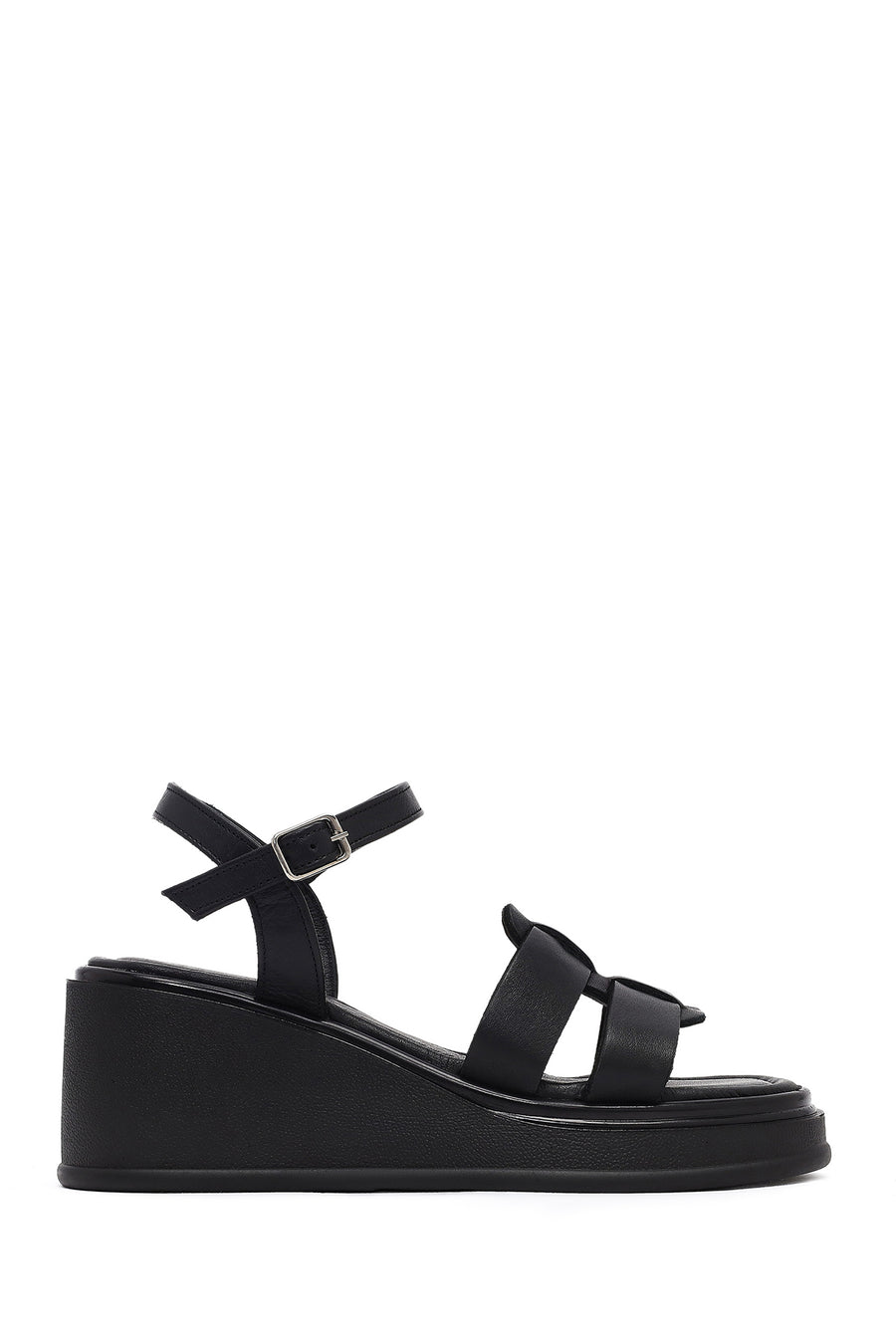 Women's Black Ankle Buckle Wedge Heel Leather Sandals 25SFD131518 | Derimod
