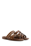 Women's Tan Flip Flops Leather Slippers | Derimod