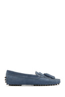 Women's Blue Tassel Suede Leather Loafer | Derimod