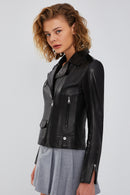 Bella Women's Black Slim-Fit Biker Leather Jacket | Derimod