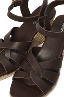 Woman Brown Ankle-Strap Buckled Wedge-Heel Leather Espadrilles Sandal | Derimod