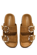 Women's Tan Double Buckle Suede Leather Slippers | Derimod