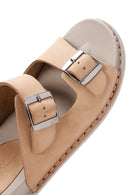 Women's Beige Double Buckled Nubuck Leather Comfort Slippers | Derimod