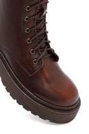 Woman Brown Lace-Up Zip Closure Thick-Soled Leather Combat Boots | Derimod
