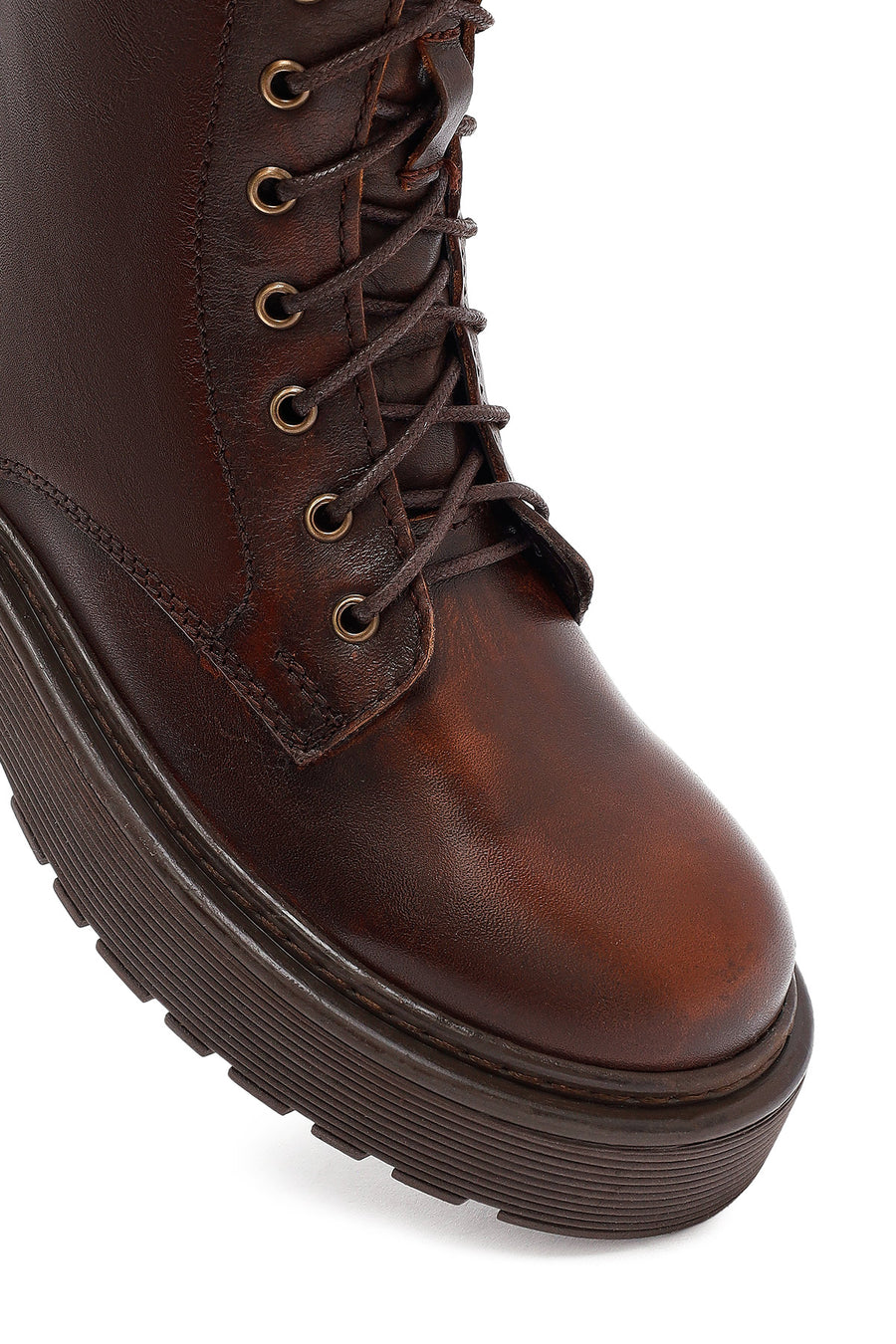 Woman Brown Lace-Up Zip Closure Thick-Soled Leather Combat Boots