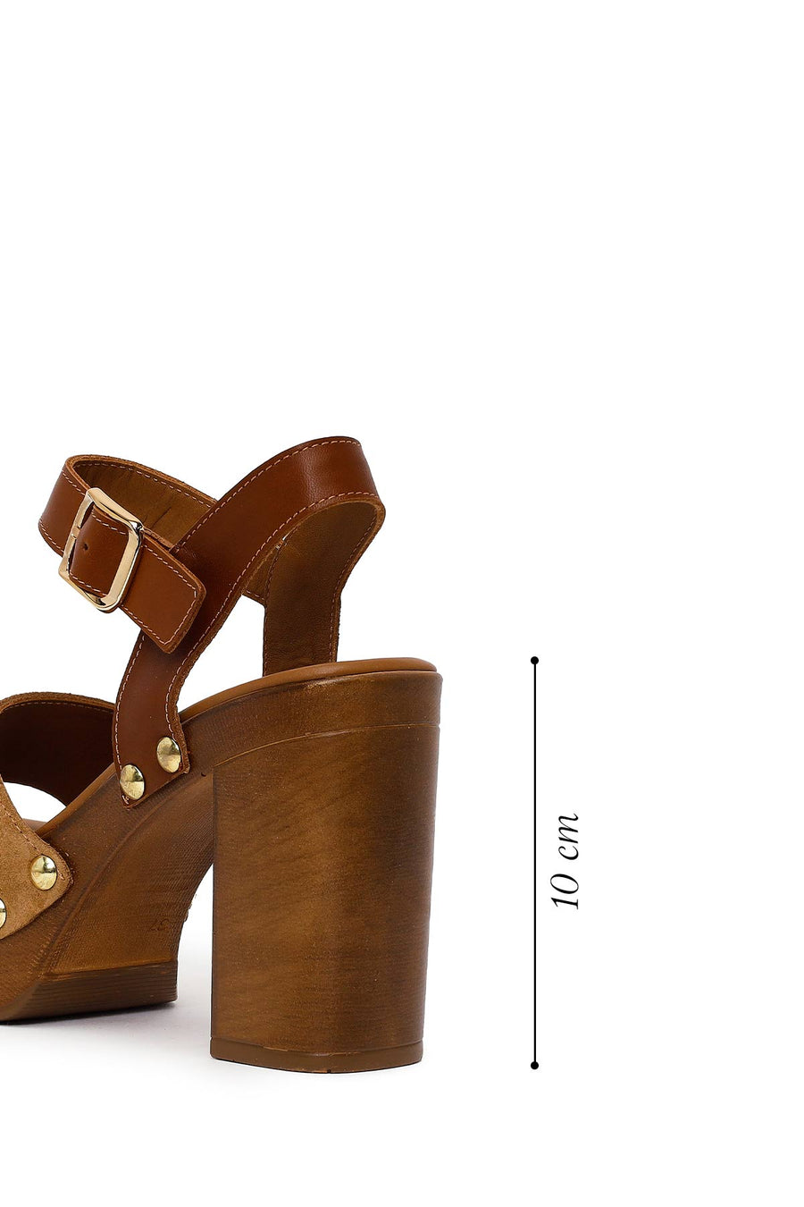 Woman Tan Ankle-Buckle Platform High Thick-Heeled Suede Sandal