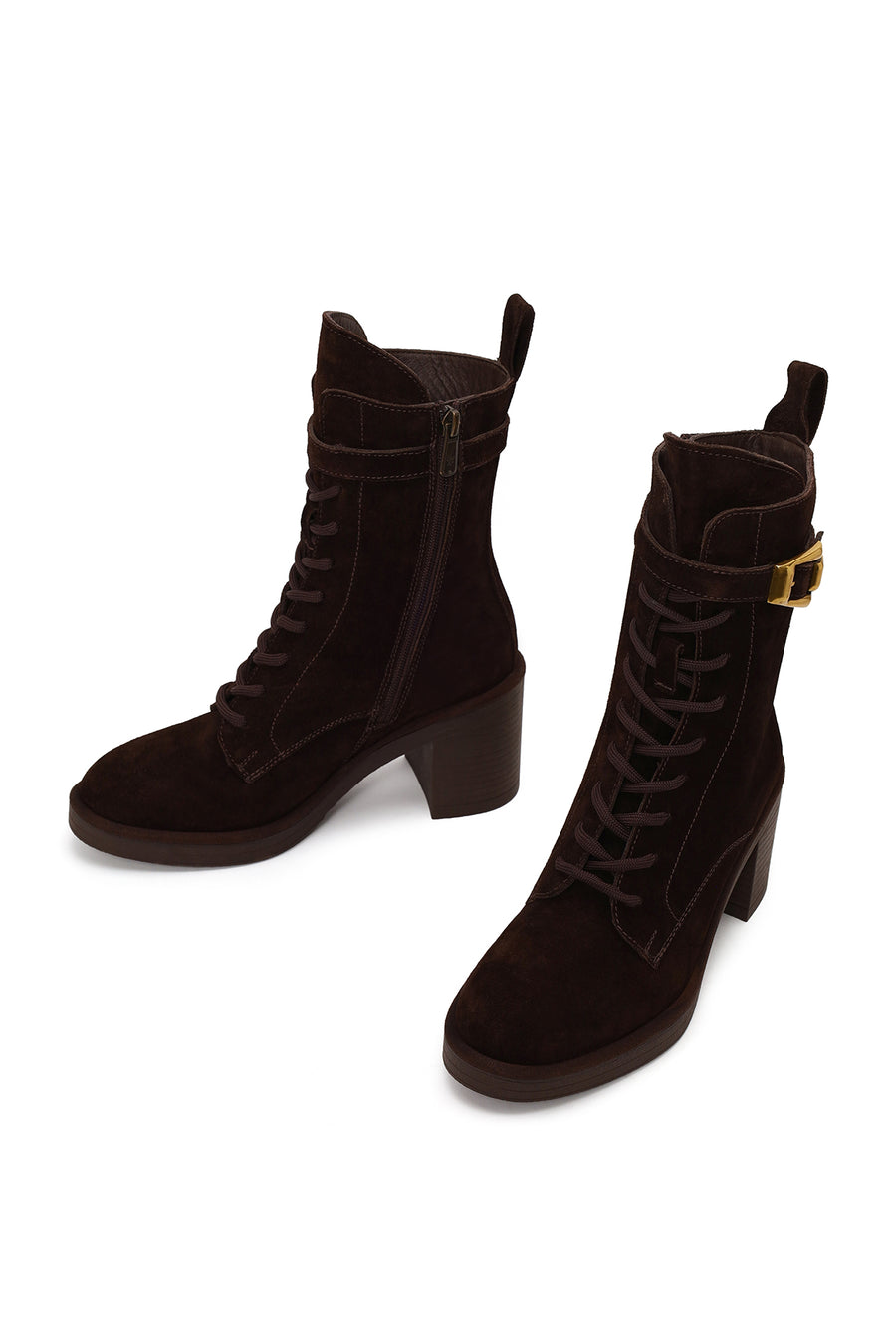 Woman Brown Zip Closure Chunky Heeled Suede Combat Boots