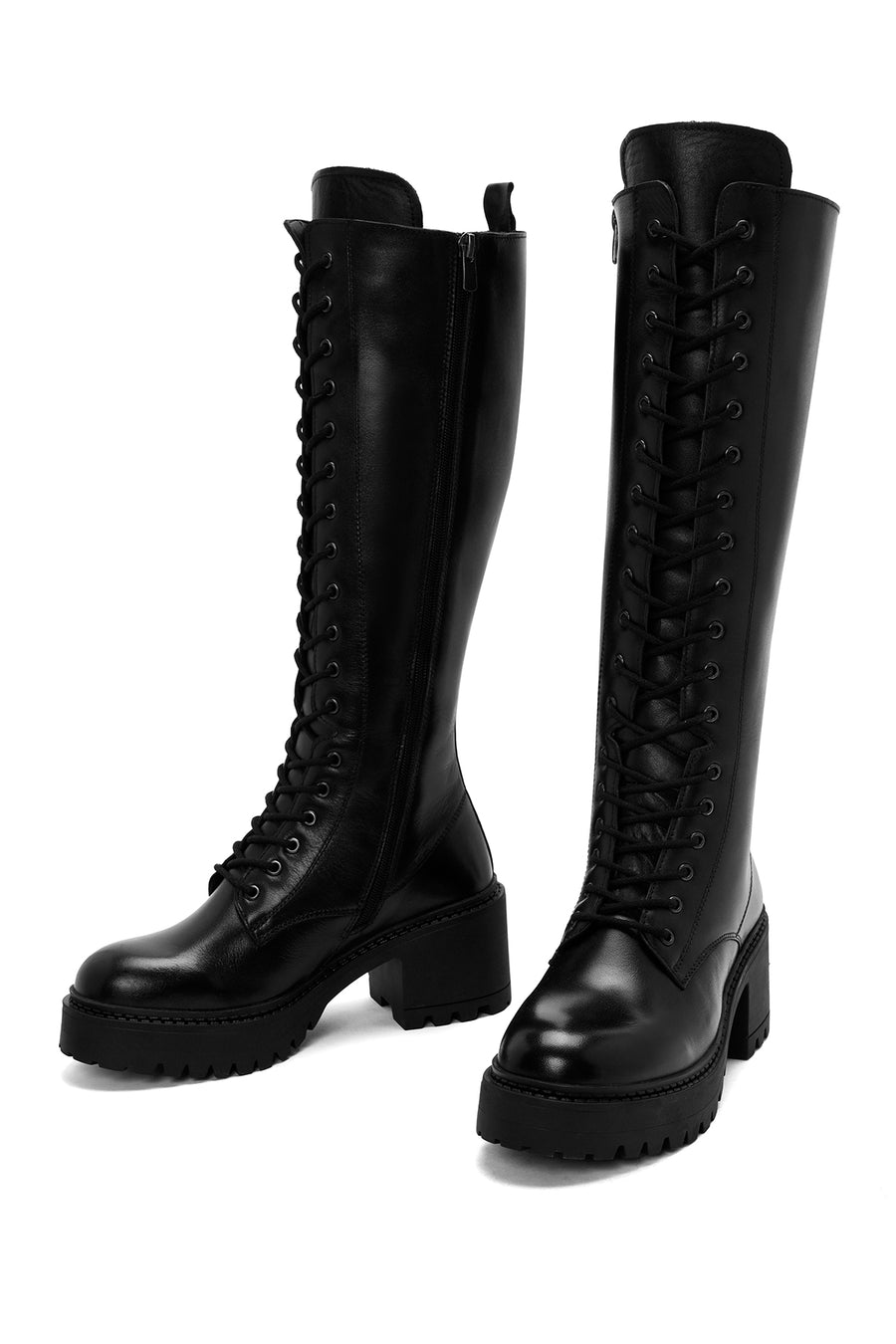 Women's Black Lace-Up Zipper Detailed Thick Heeled Leather Boots