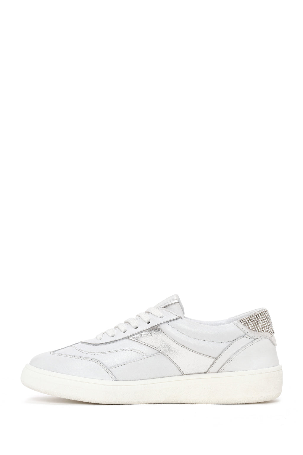 Kadın Beyaz Bağcıklı Kalın Tabanlı Taşlı Deri Sneaker