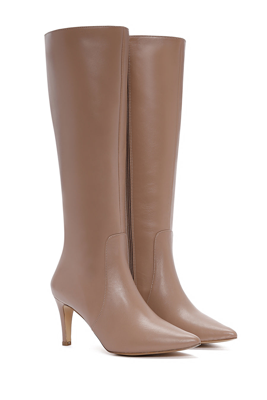 Women's Camel Zippered Thin Heeled Leather Boots