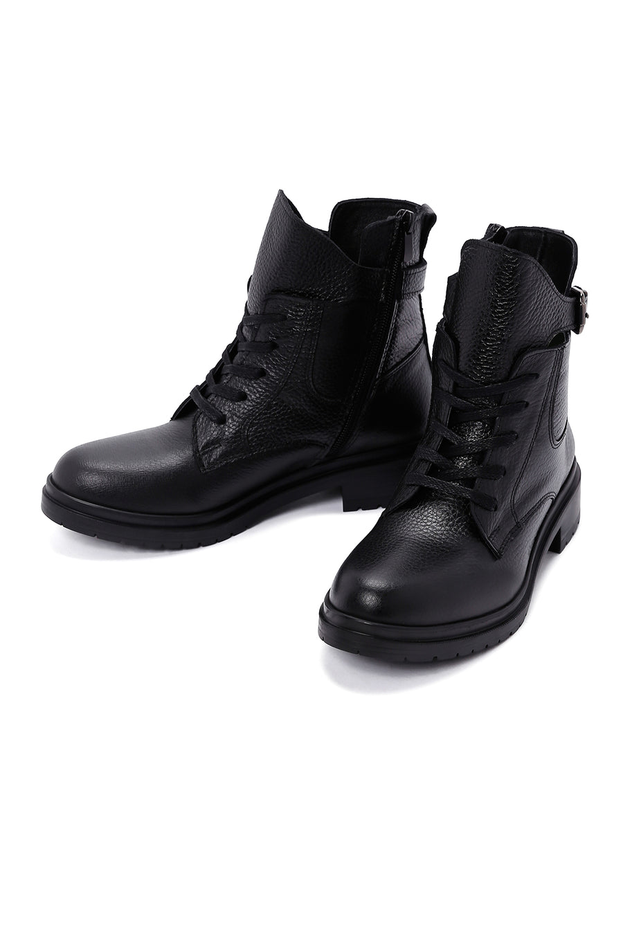 Woman Black Zippered Buckle Detail Leather Casual Boots