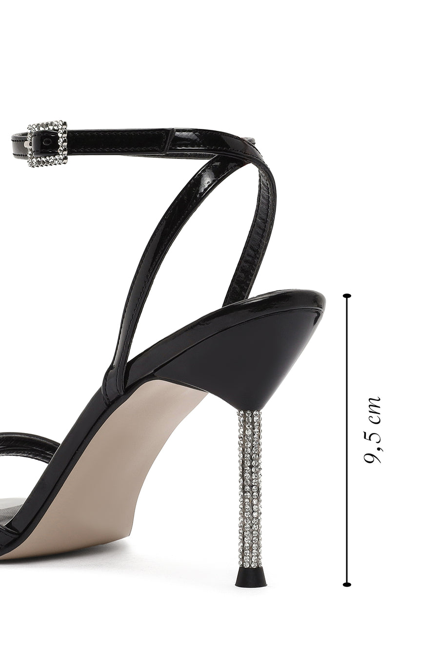 Women's Black Ankle Buckle Stoned Thin Heel Patent Leather Sandals