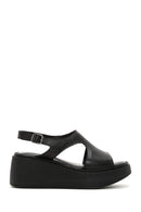 Women's Black Ankle Strap Wedge Heeled Leather Comfort Sandals | Derimod