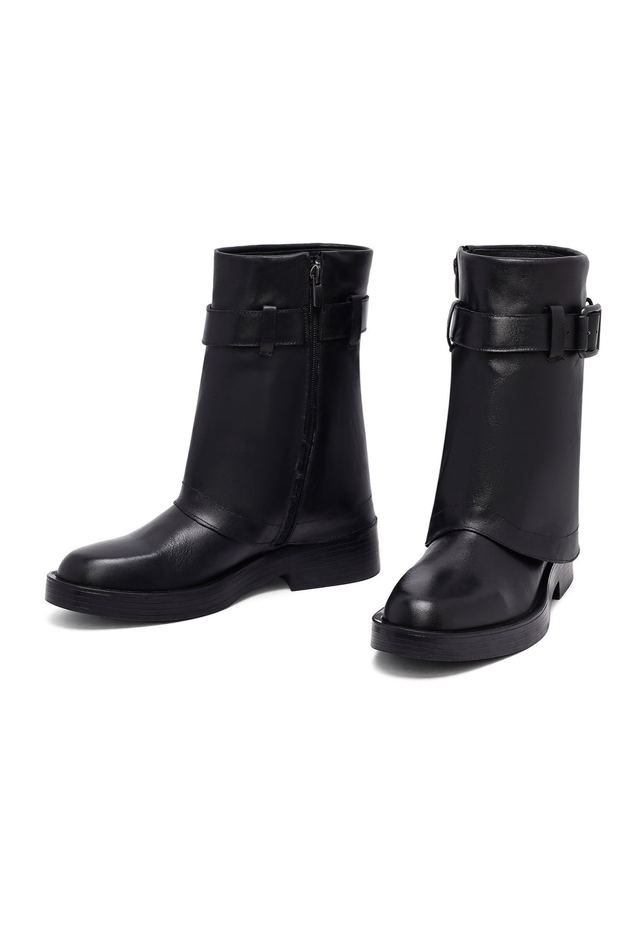 Women's Black Buckled Biker Leather Boot