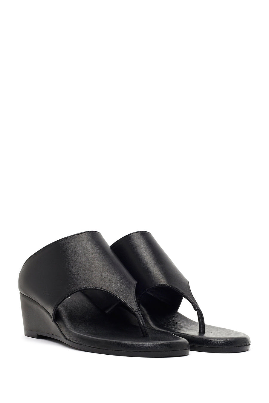 Women's Black Wedge Heeled Leather Slippers