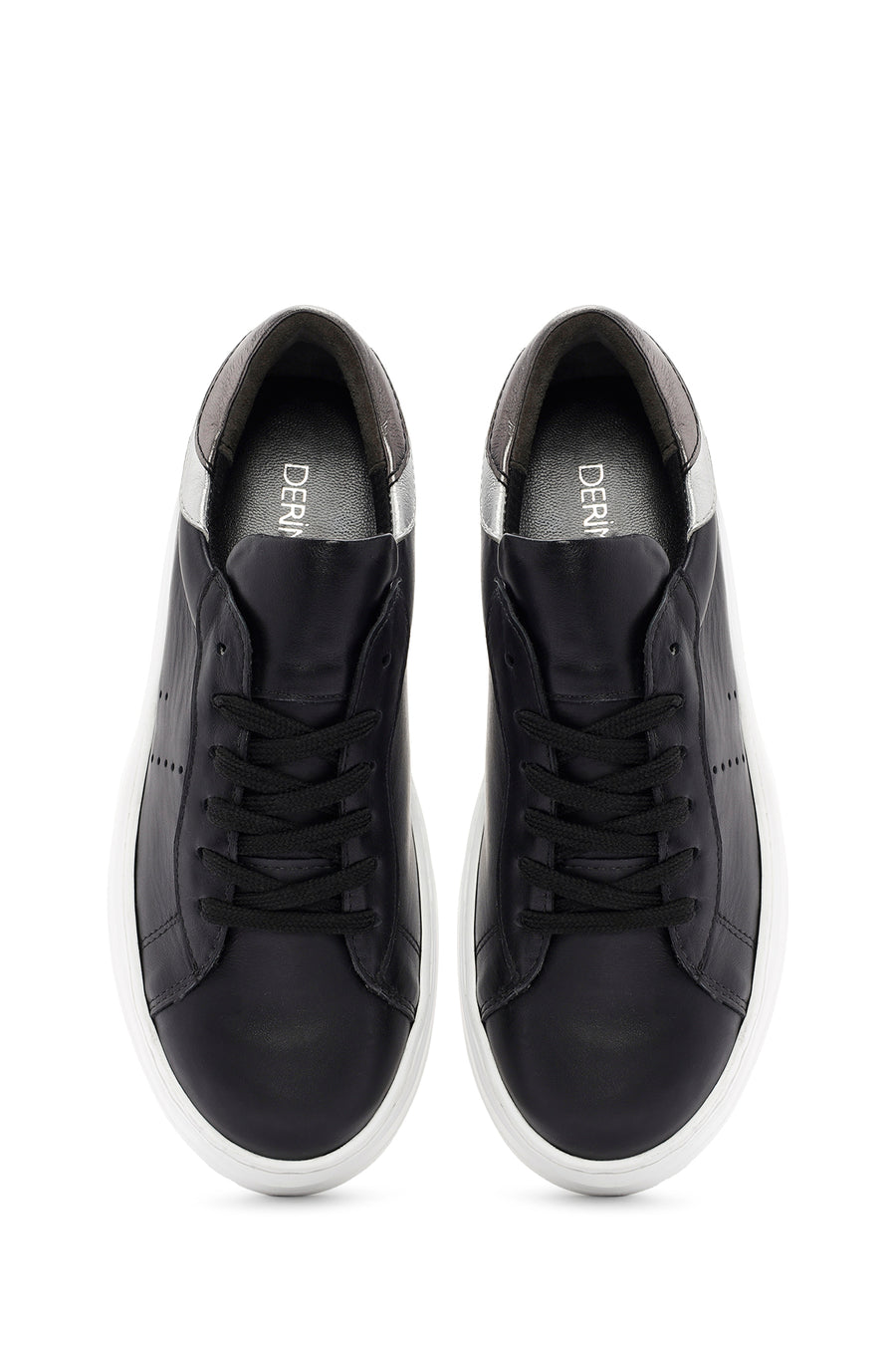 Women's Black Lace-up Thick-Sole Leather Sneaker