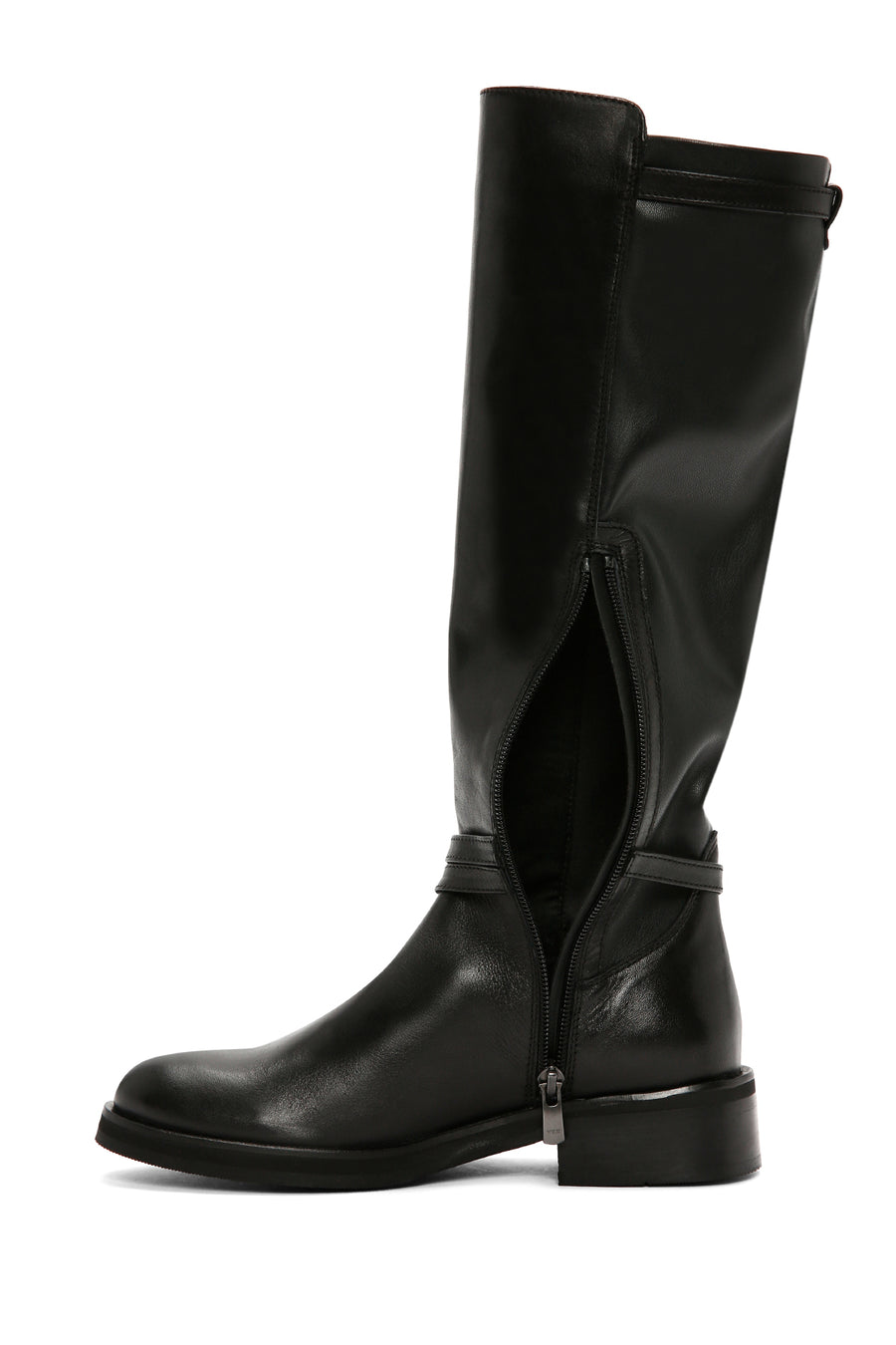 Women's Black Buckle Zippered Leather Boots