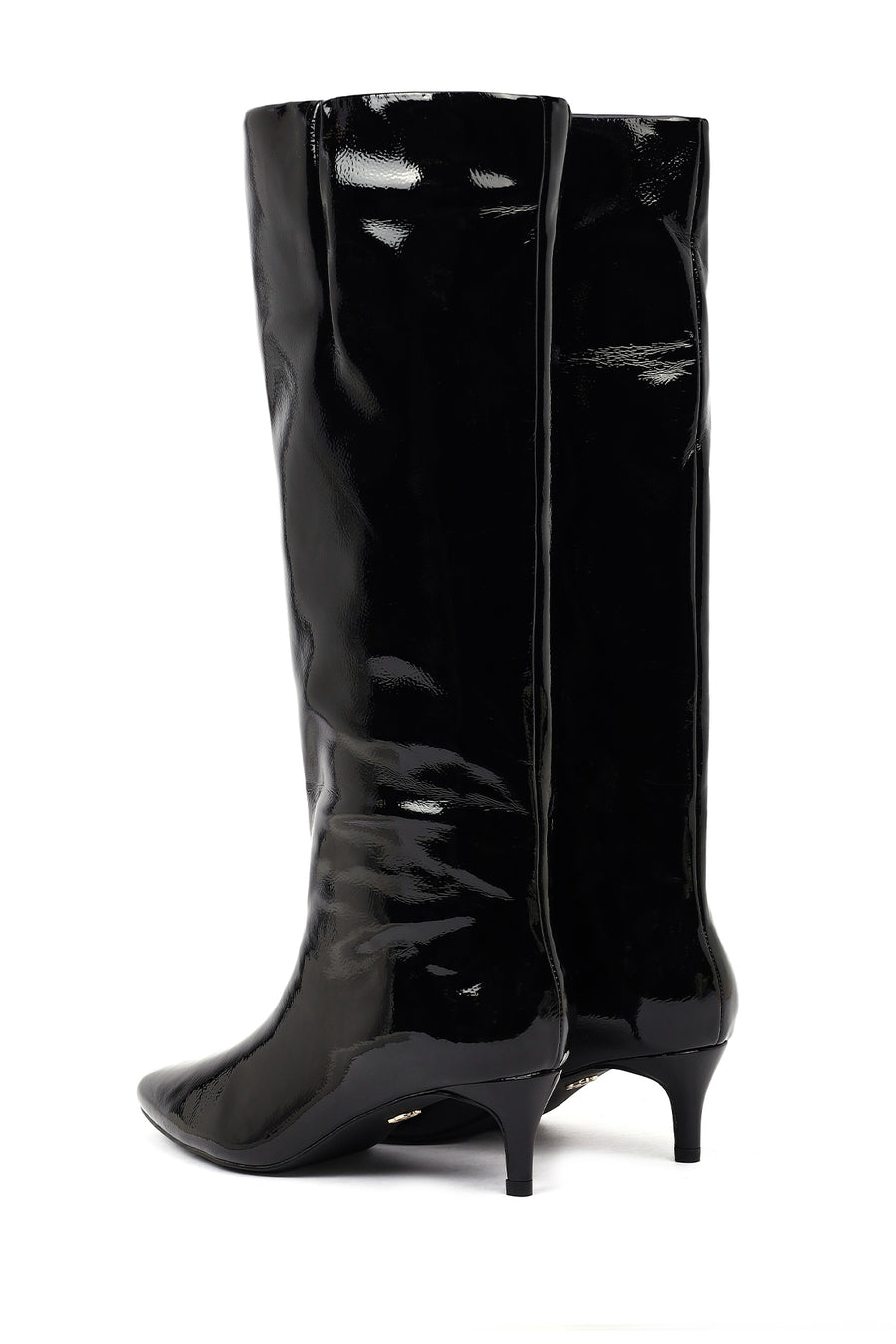 Woman Black Short Thin-Heeled Patent Leather Boot