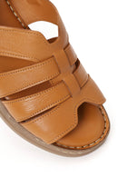 Woman Tan Strappy Thick-Soled Leather Comfort Sandal | Derimod