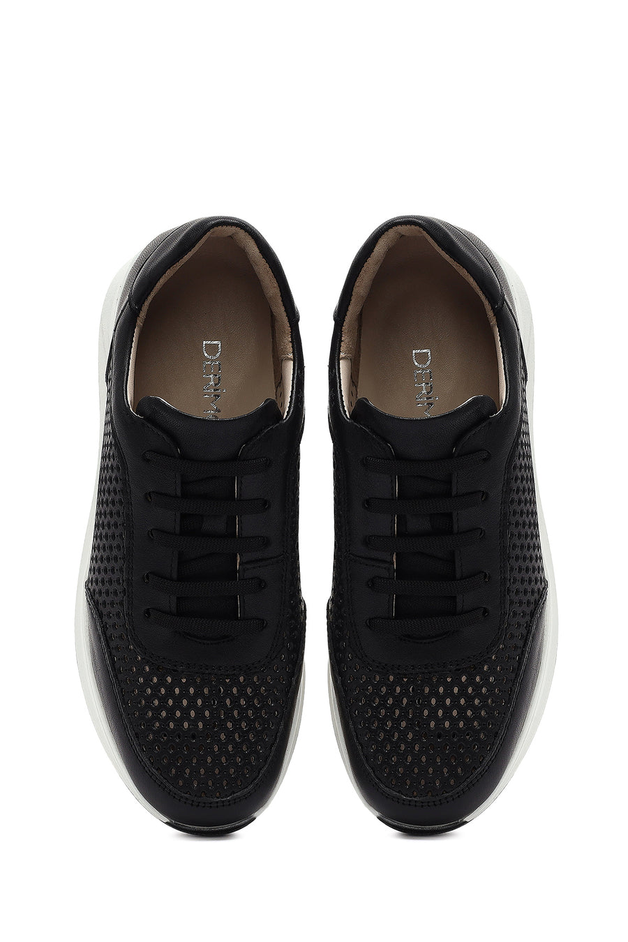 Women's Black Lace-up Thick-Sole Leather Sneaker