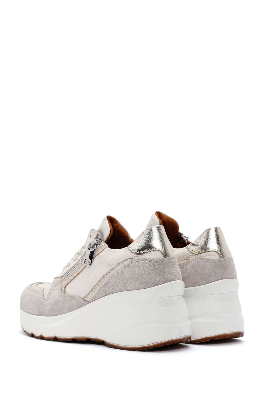Women's Beige Lace-Up Zipper Detail Wedge Heel Leather Sneakers