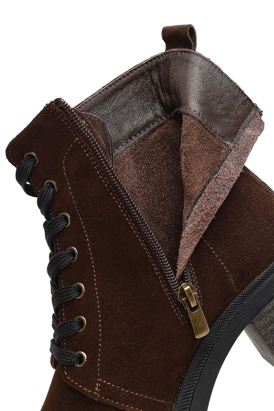 Women's Brown Zippered Thick Heeled Suede Leather Boot
