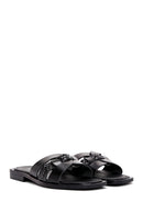 Women's Black Knitted Detailed Leather Slippers | Derimod