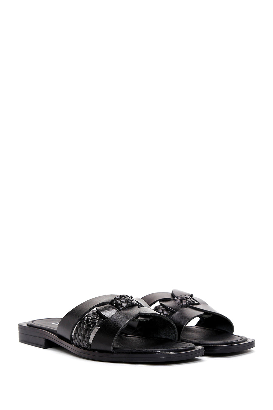 Women's Black Knitted Detailed Leather Slippers