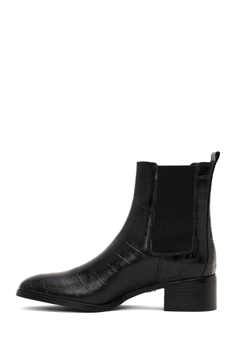 Women's Black Croco Patterned Short Thick Heel Leather Chelsea Boot