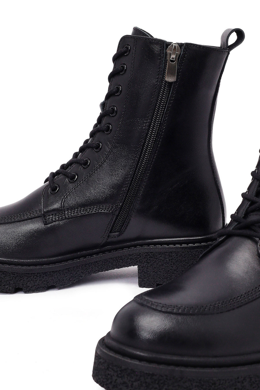 Women's Black Zippered Thick-Soled Leather Ankle Boots