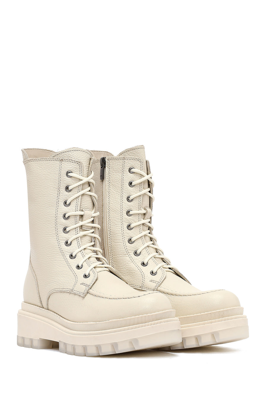 Woman Beige Zippered Thick Sole Leather Postal Boots