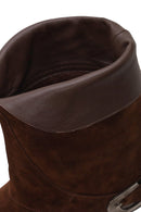 Woman Brown Buckled Short Thick-Heeled Suede Boots | Derimod